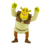 A green ogre named Shrek holding his hands above his head