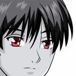 An anime character with black hair and red eyes.