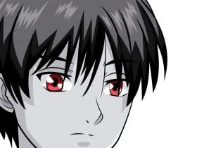 An anime character with black hair and red eyes.