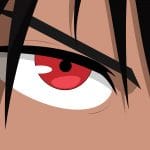 anime character with black hair and a red eye
