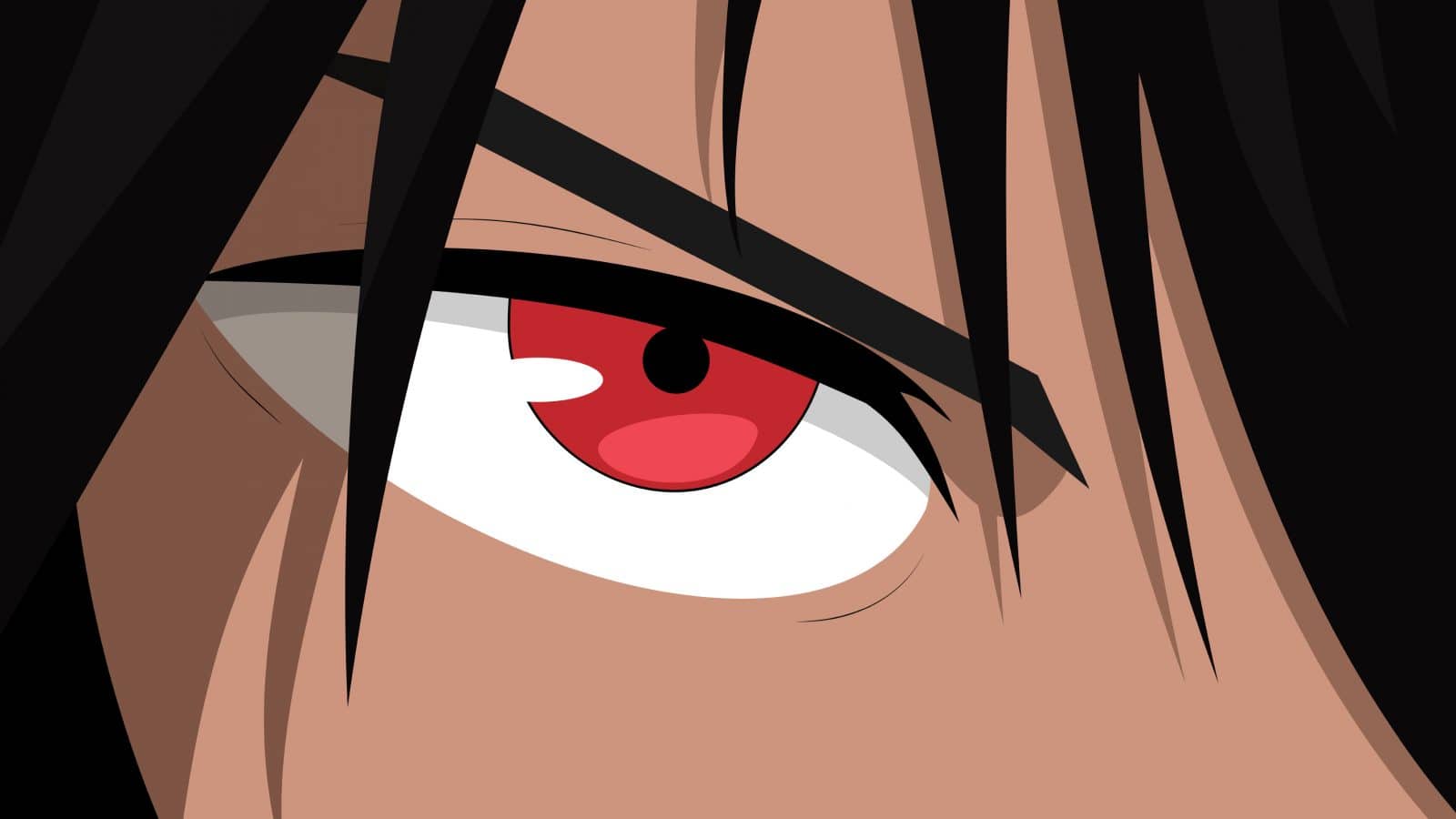 anime character with black hair and a red eye